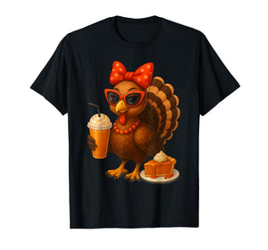 Turkey Drinking Coffee Thanksgiving Bow Womens Turkey Day T-Shirt