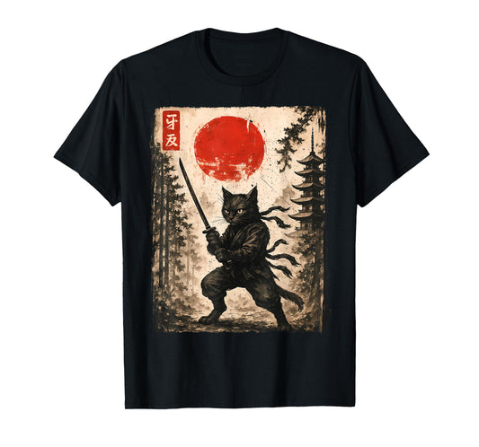 Samurai Cat Japanese Mens Boys Kids Graphic Anime T-Shirt