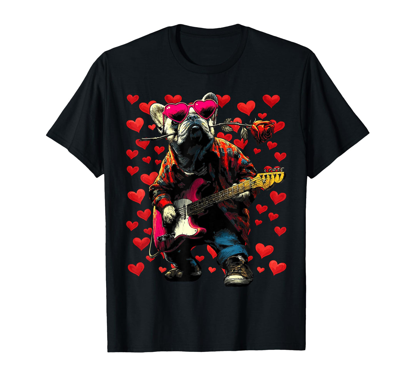 French Bulldog Playing Guitar Guitarist Dog Valentine’s Day T-Shirt