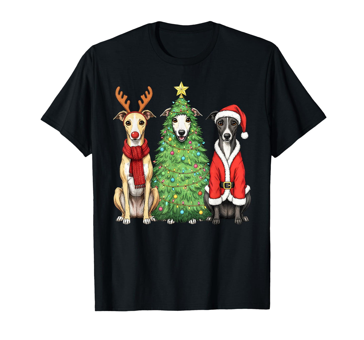Retro Christmas Whippet Santa Reindeer Dog Lover T-Shirt