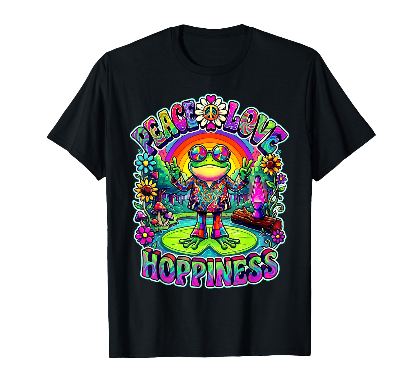 Psychedelic 70s Frog with Rainbow Peace Love Hoppiness Vibes T-Shirt