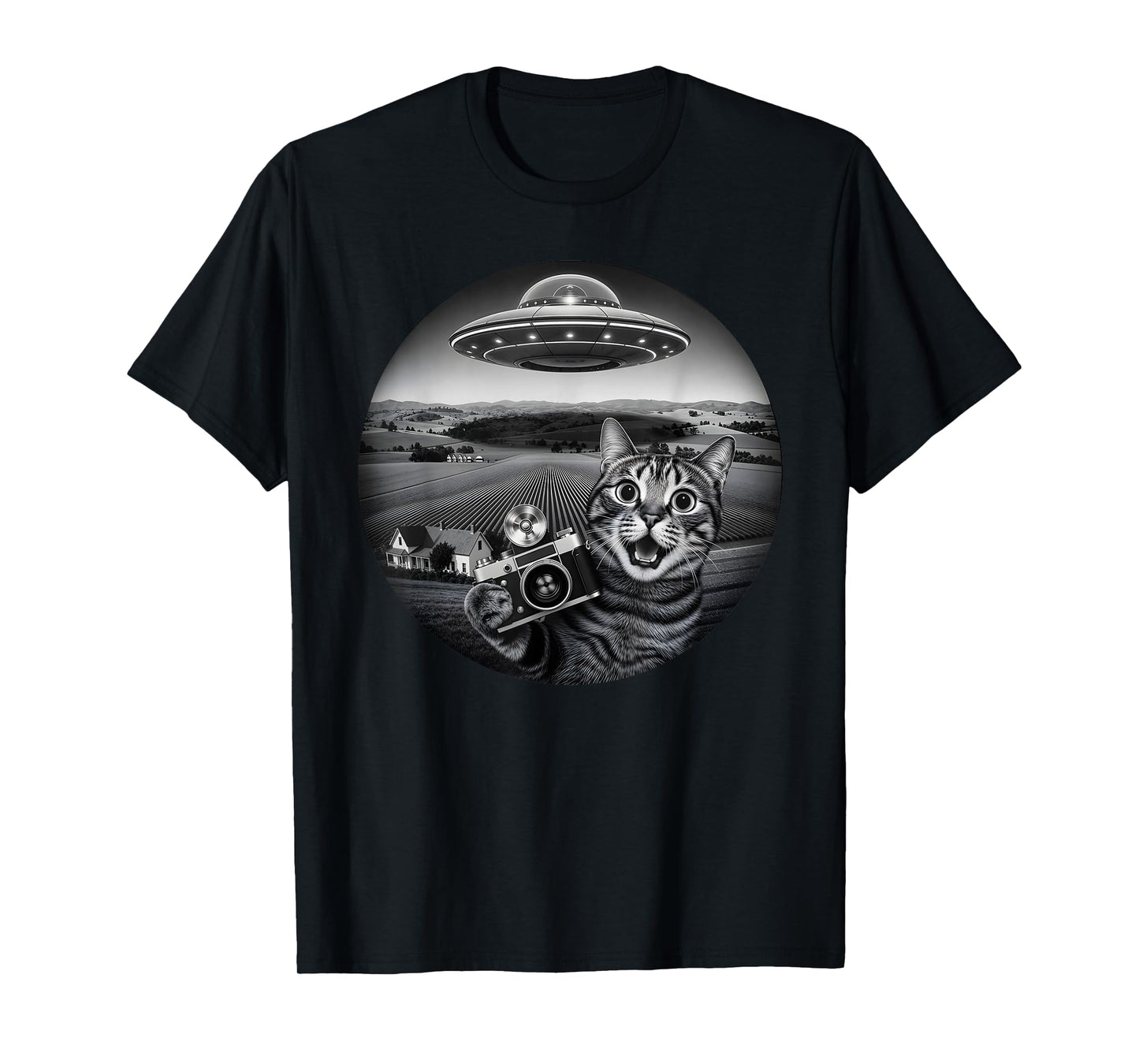 Funny Cat Selfie with Alien UFO for Men Women Kids T-Shirt