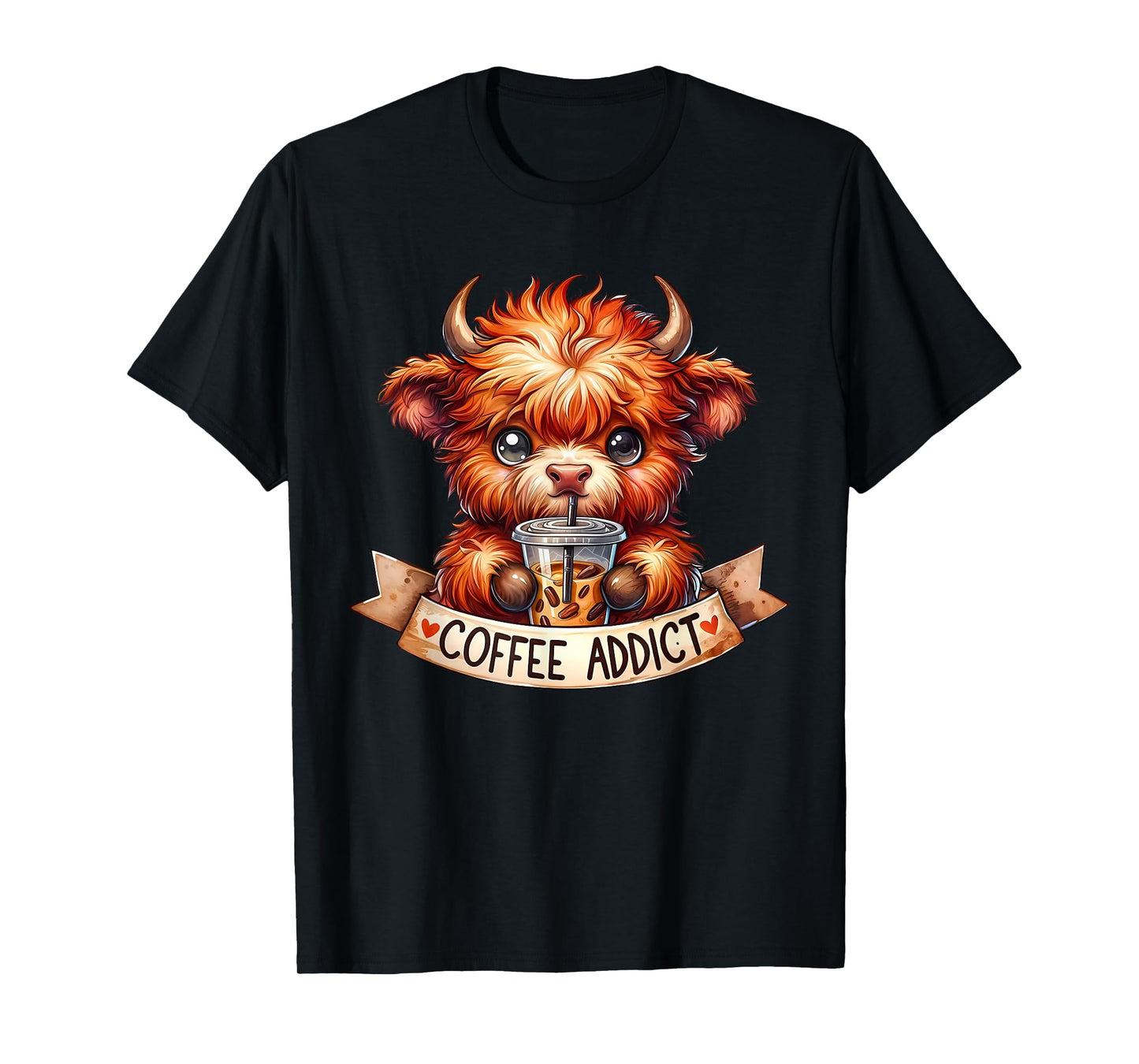 Cute Highland Cow Coffee Addict Coffee Lovers Men Women T-Shirt