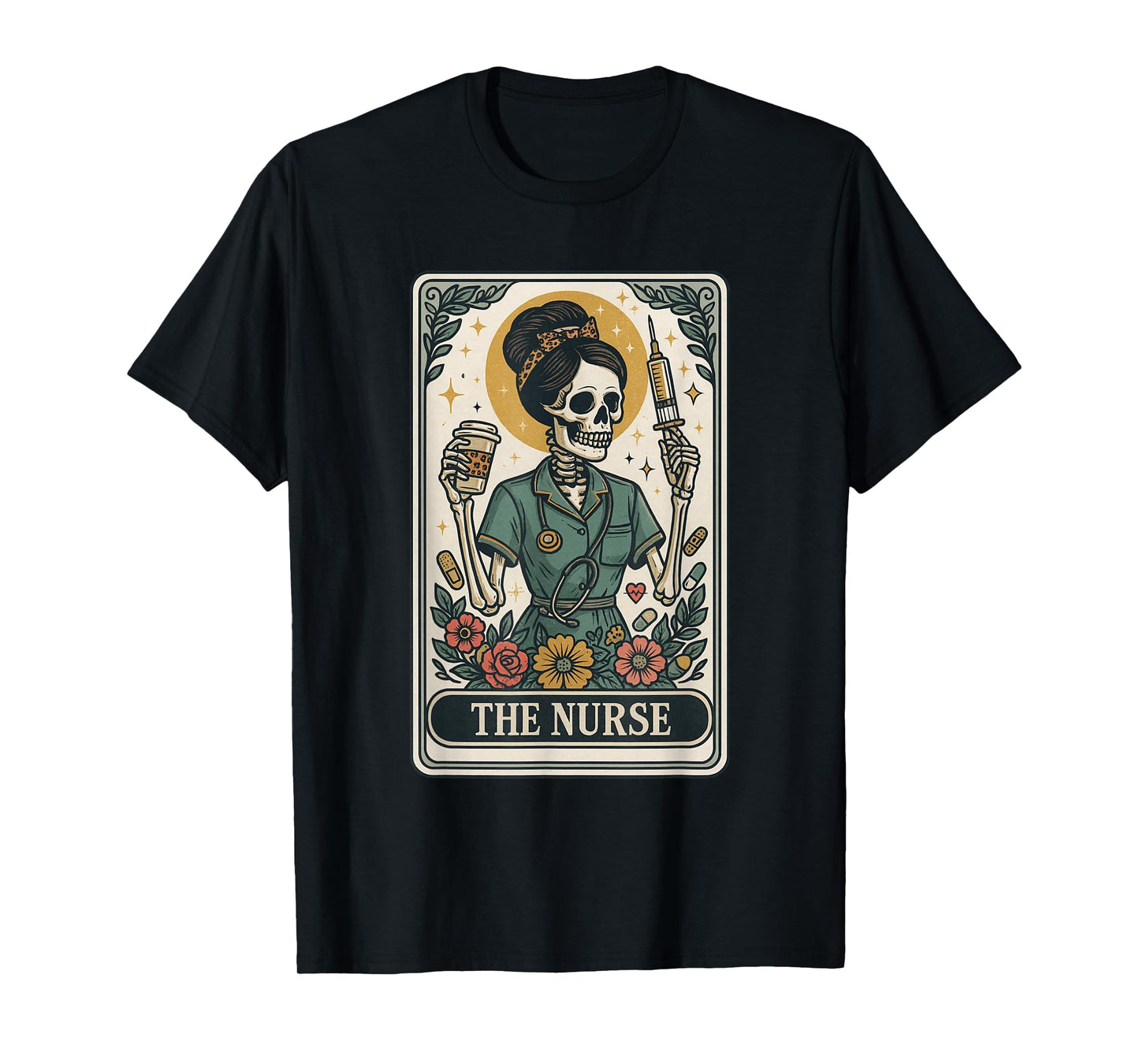 The Nurse Tarot Vintage Skeleton Nurse Coffee & Syringe T-Shirt
