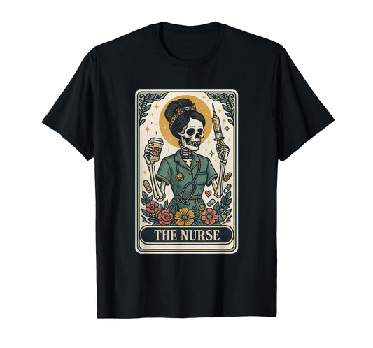 The Nurse Tarot Vintage Skeleton Nurse Coffee & Syringe T-Shirt