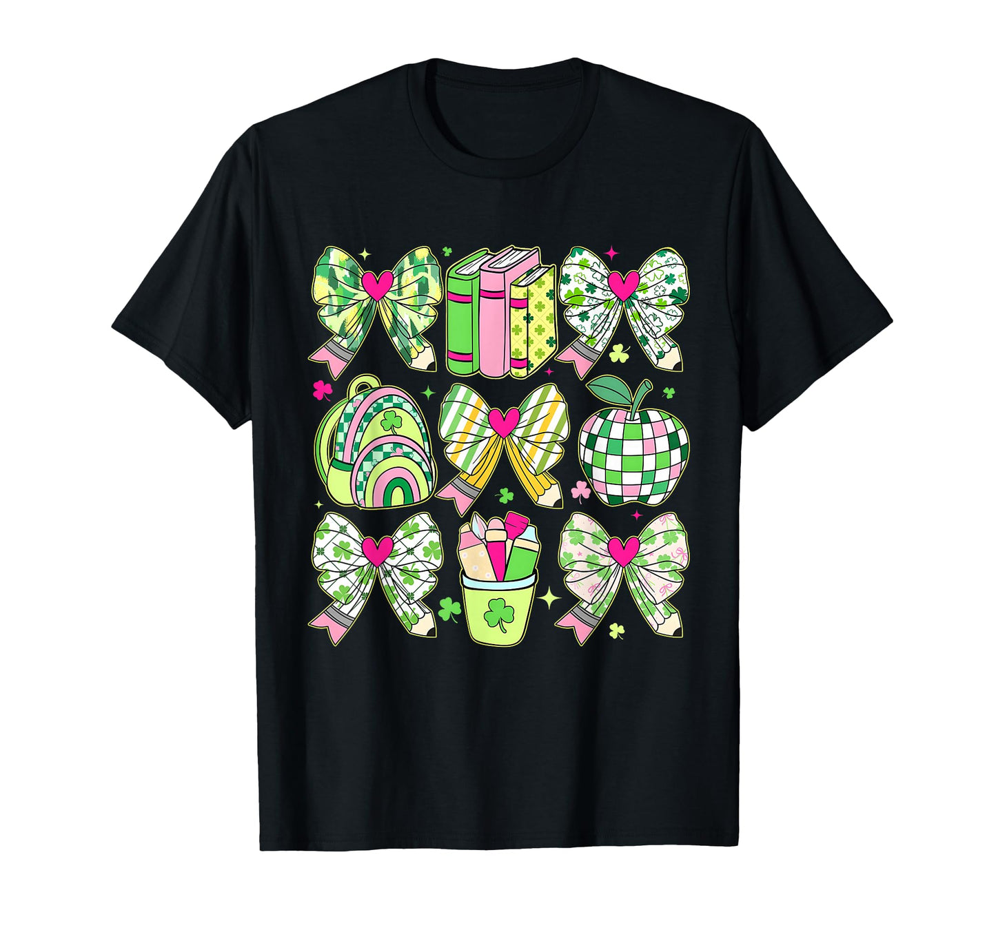 St Patricks Day Teacher Pencil Bow Shamrock Apple Girl Women T-Shirt