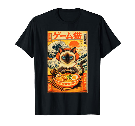 Cute Kawaii Gamer Siamese Cat Funny Ramen Japanese Gaming T-Shirt