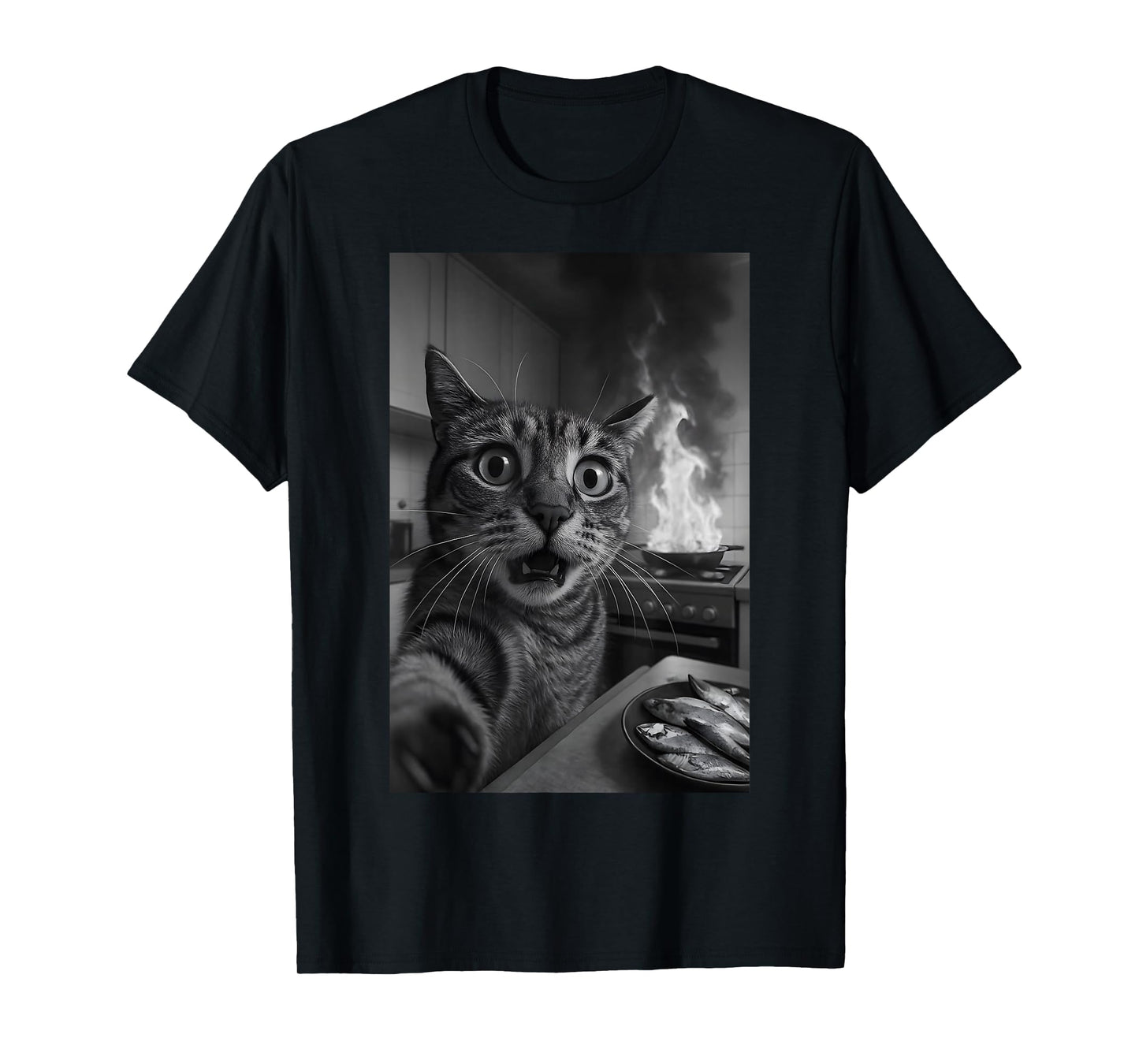 Funny Cat Selfie with Burning Kitchen Silly Cat Graphic Meme T-Shirt