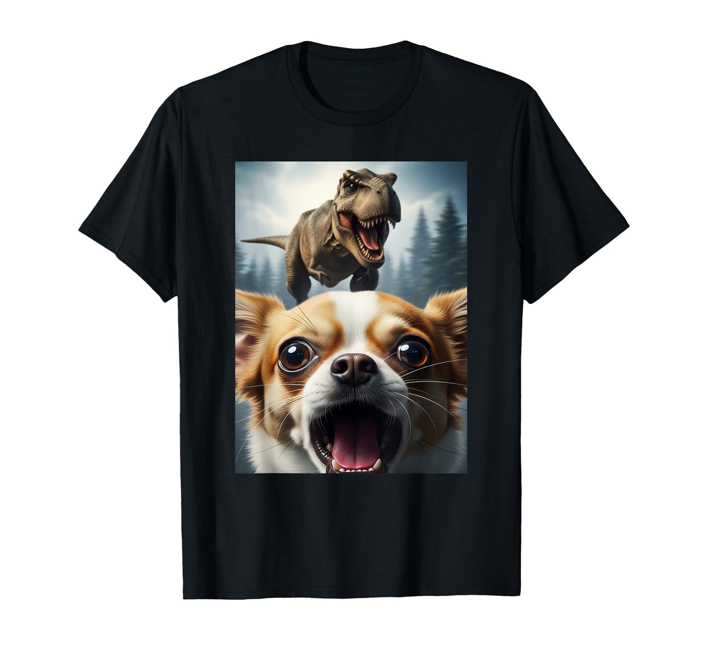 Funny Chihuahua Dog Selfie with T-Rex Women Men Kids T-Shirt