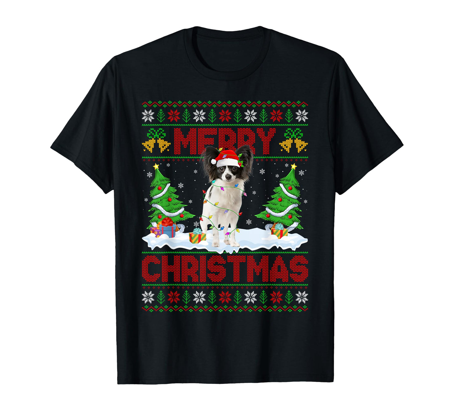 Papillon Dog Christmas Ugly Sweater Funny Santa Hat Dog Xmas T-Shirt
