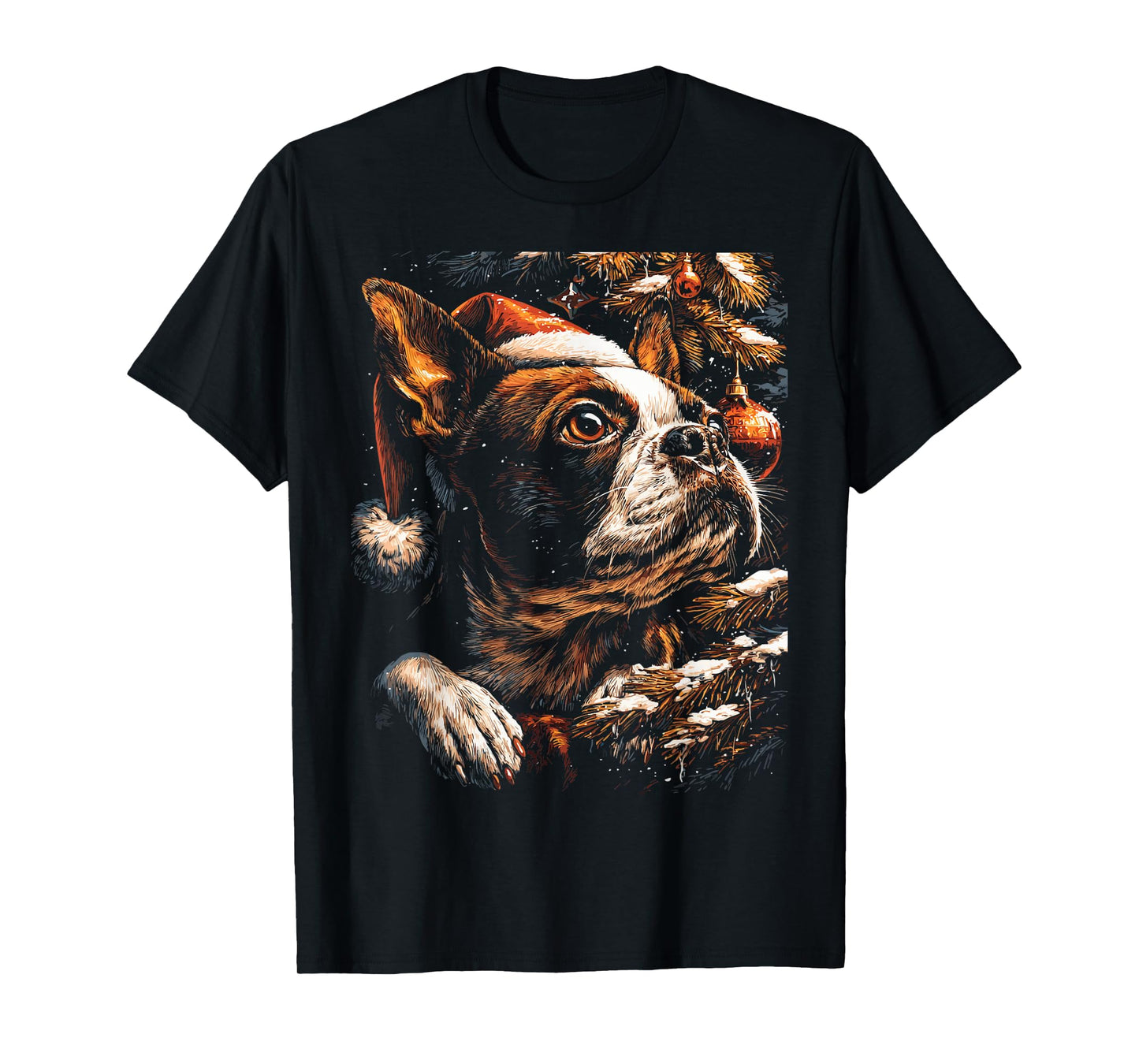 Christmas Boston Terrier Santa Hat Festive Winter Snowy Dog T-Shirt