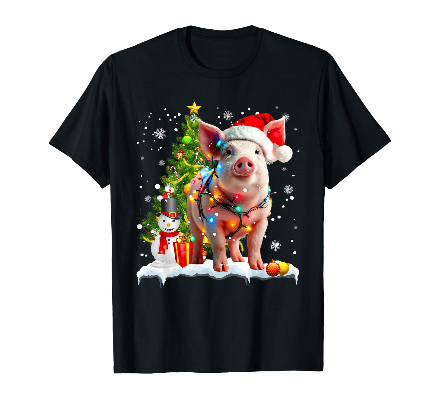 Cute Pig Christmas Light Funny Pig Lover Xmas T-Shirt