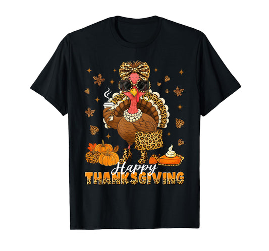 Leopard Bougie Turkey Drinking Coffee Happy Thanksgiving T-Shirt