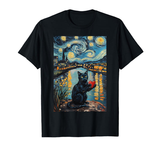 Black Cat Starry Night Van Gogh Valentine's Day Cat Lover T-Shirt