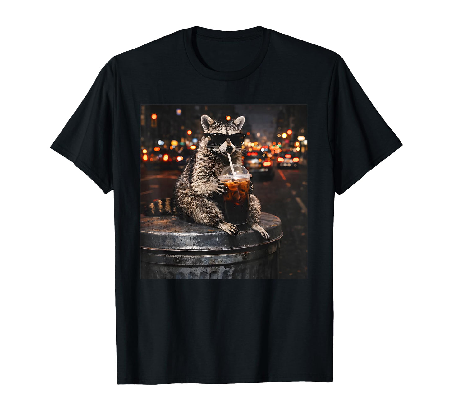 Cool Raccoon Drinking Iced Coffee Animal Cats Meme Graphic T-Shirt