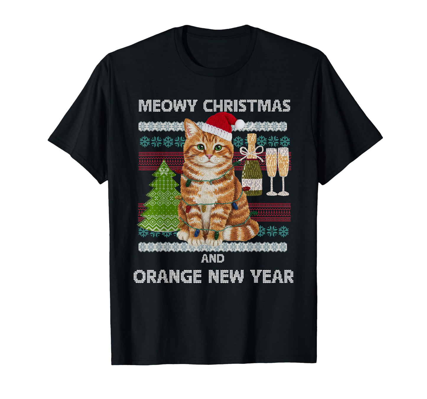 Meowy Christmas Funny Orange Cat Santa Hat Ugly Sweater T-Shirt