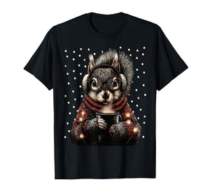 Squirrel with Glasses Christmas Lights Funny Coffee Winter T-Shirt