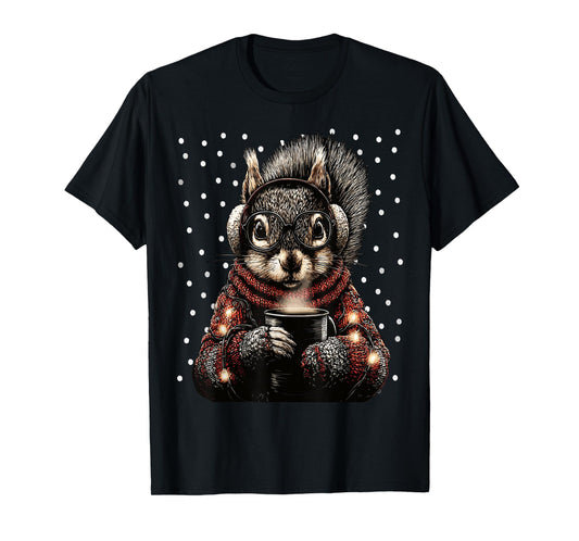 Squirrel with Glasses Christmas Lights Funny Coffee Winter T-Shirt