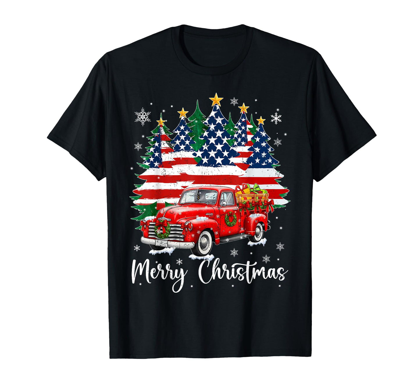 Merry Christmas Vintage Red Truck Us Flag Tree Xmas Men T-Shirt