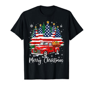 Merry Christmas Vintage Red Truck Us Flag Tree Xmas Men T-Shirt