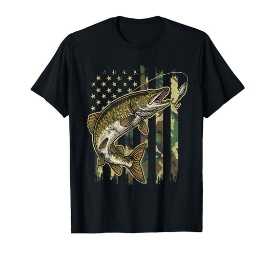 Vintage Northern Pike Fishing Camo American Flag T-Shirt