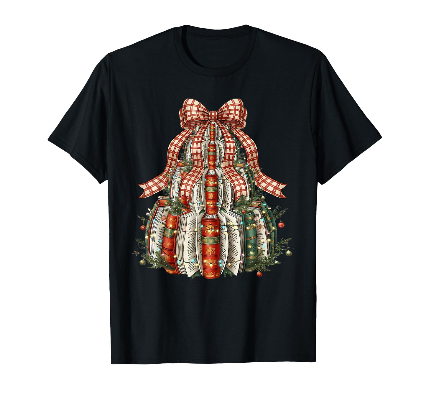 Book Christmas Tree Lights Book Lover Teacher Librarian T-Shirt