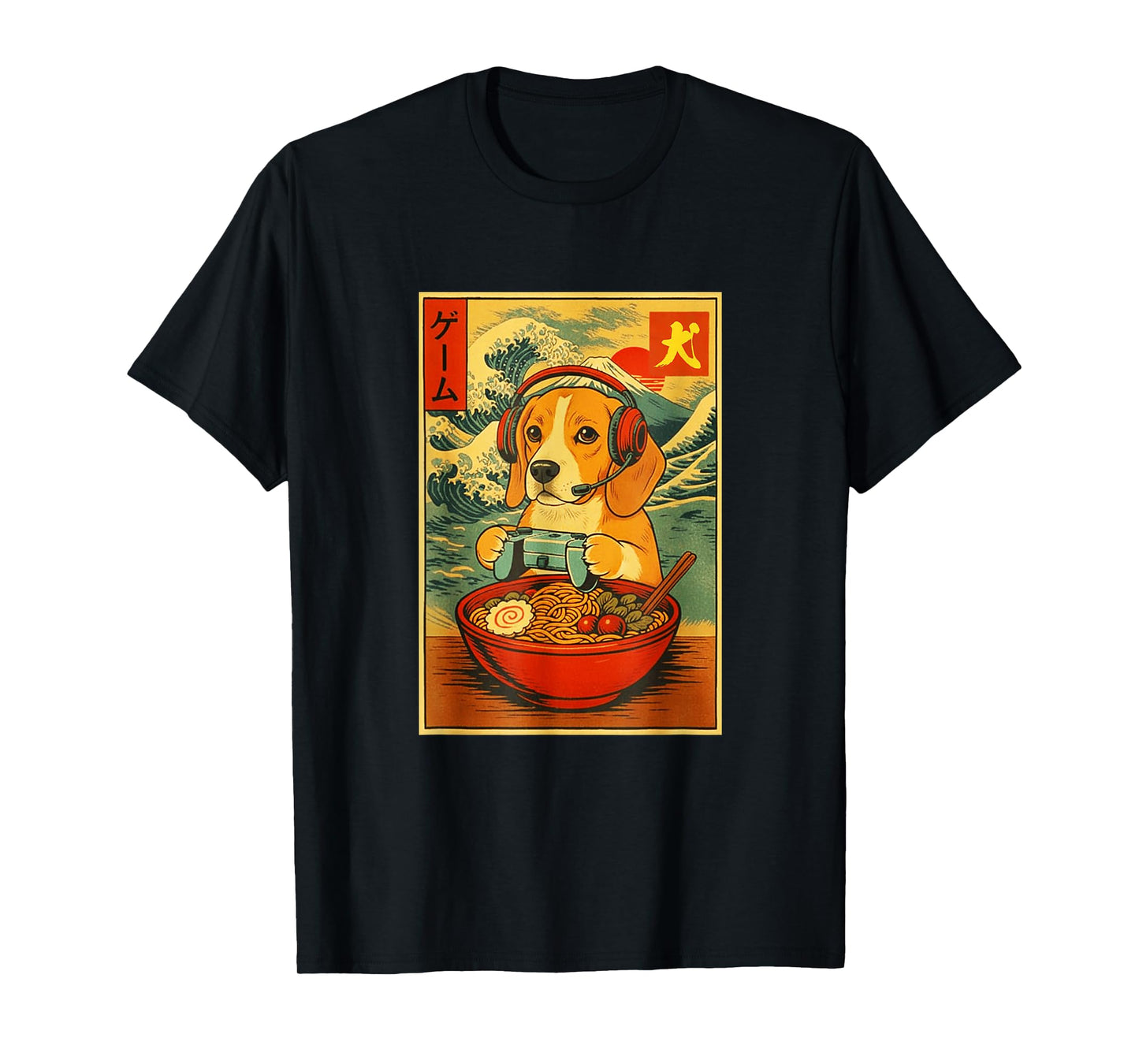 Beagle Dog Gaming Ramen Japanese Ukiyo-e Great Wave Retro T-Shirt