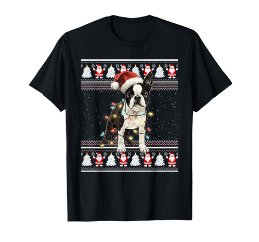 Boston Terrier Ugly Christmas Sweaters Funny Dog Lights Xmas T-Shirt