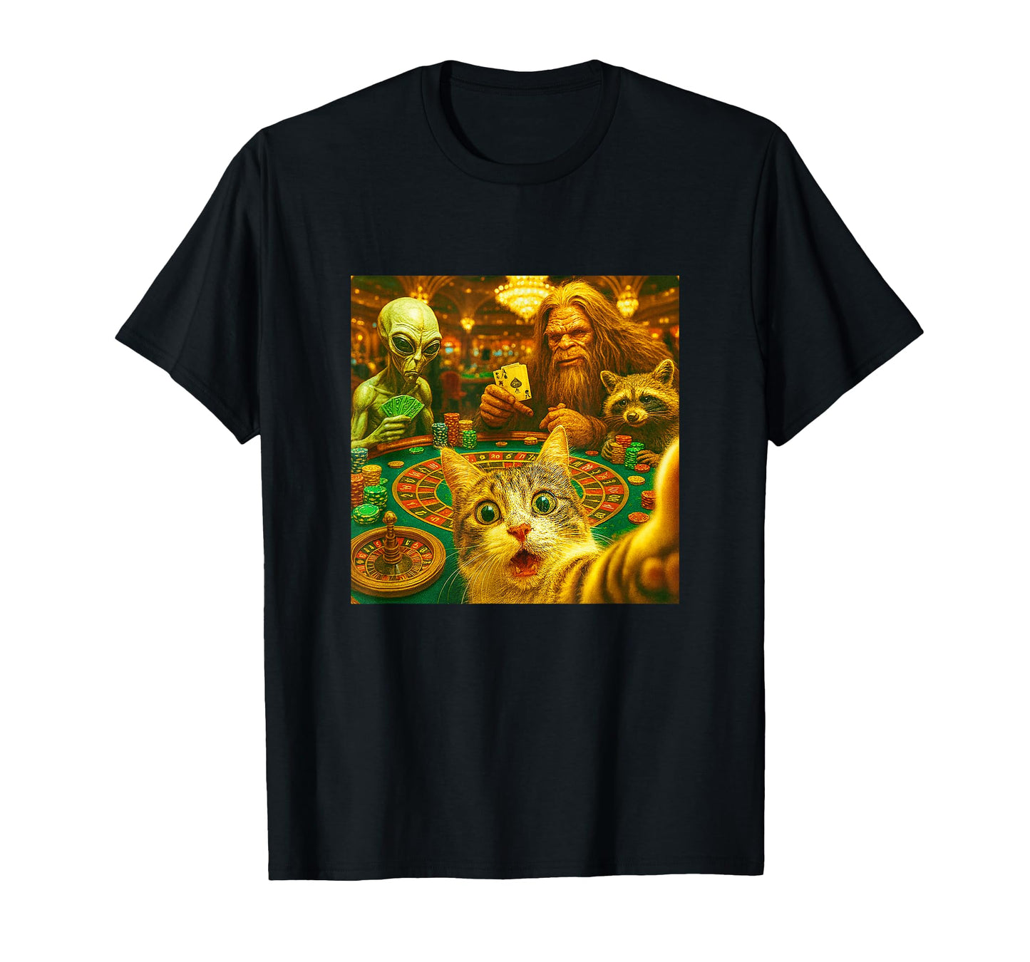 Funny Gambling Cat Raccoon Alien Bigfoot Selfie Art Casino T-Shirt