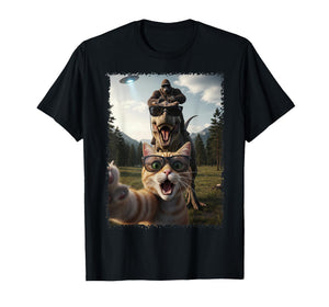 Funny Cat T-Rex Bigfoot Design UFO Selfie T-Shirt
