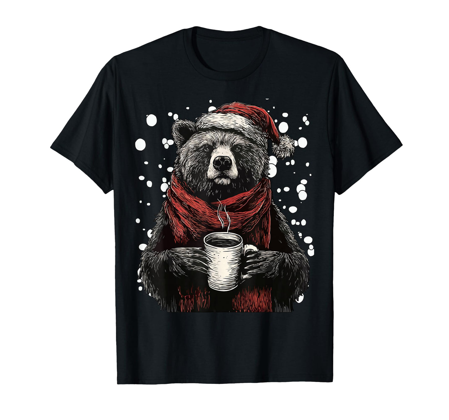 Cute Christmas Bear with Santa Hat Coffee Lover Funny Winter T-Shirt