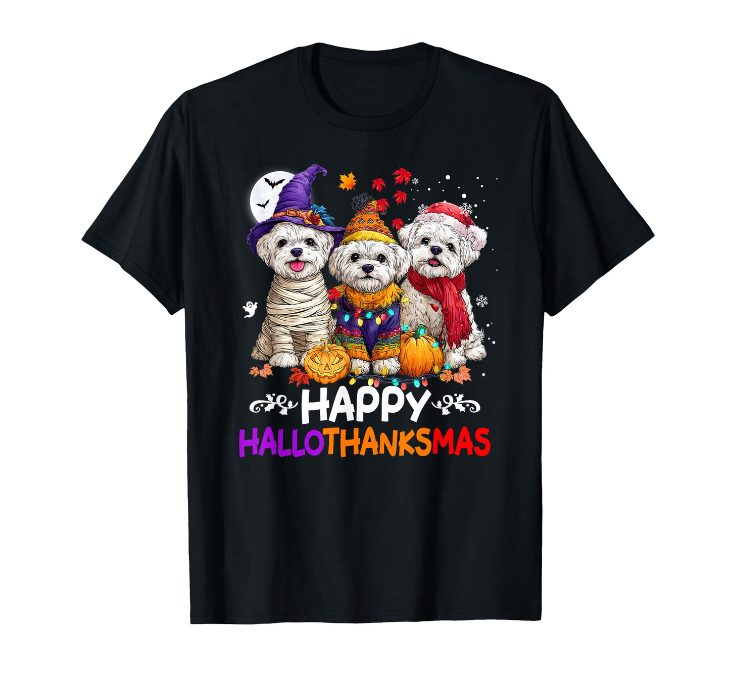 Cute Maltese Dog Hallothanksmas Halloween Thanksgiving Xmas T-Shirt
