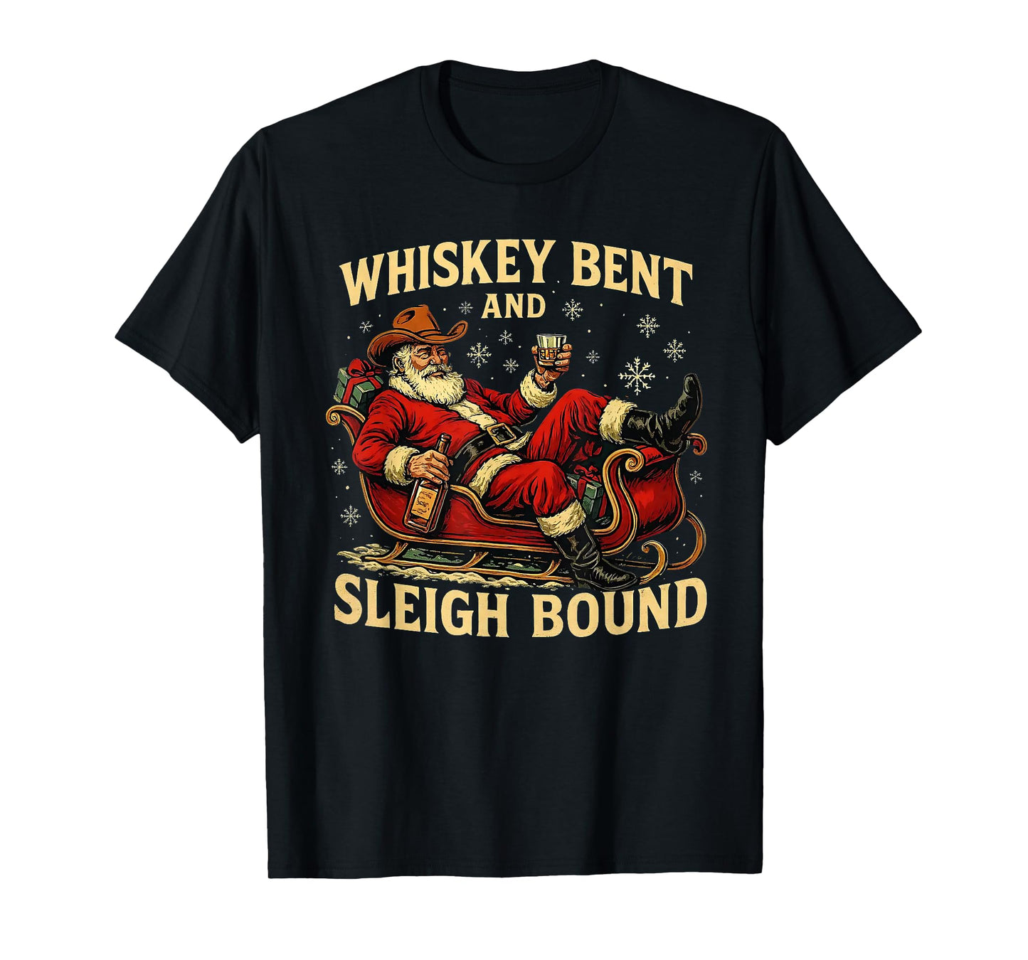 Whiskey Sleigh Bound Cowboy Santa Christmas T-Shirt
