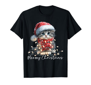 Meowy Christmas Black Cat Lights Santa Hat Funny Holiday T-Shirt
