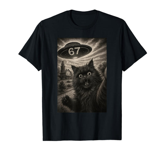 Cat Selfie 67 Meme Six Seven Funny UFO T-Shirt