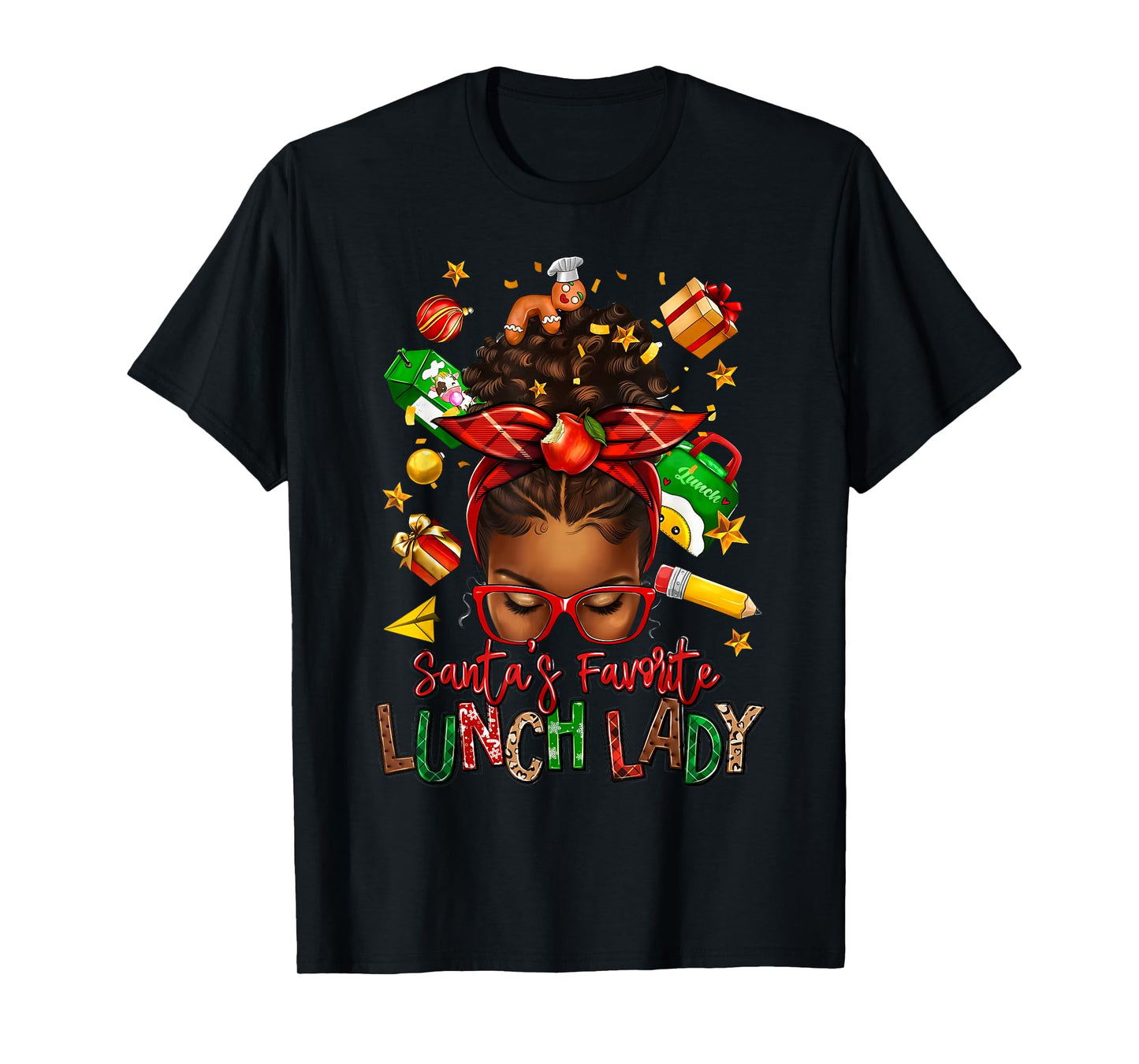 Santa's Favorite Lunch Lady Afro Messy Bun Woman Christmas T-Shirt