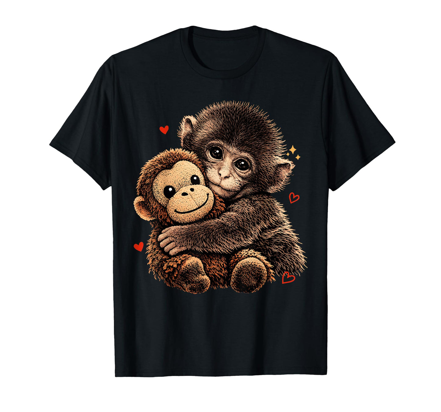 Cute Baby Monkey Hugging Bear Plush Doll Animal Lover T-Shirt