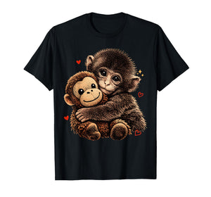 Cute Baby Monkey Hugging Bear Plush Doll Animal Lover T-Shirt