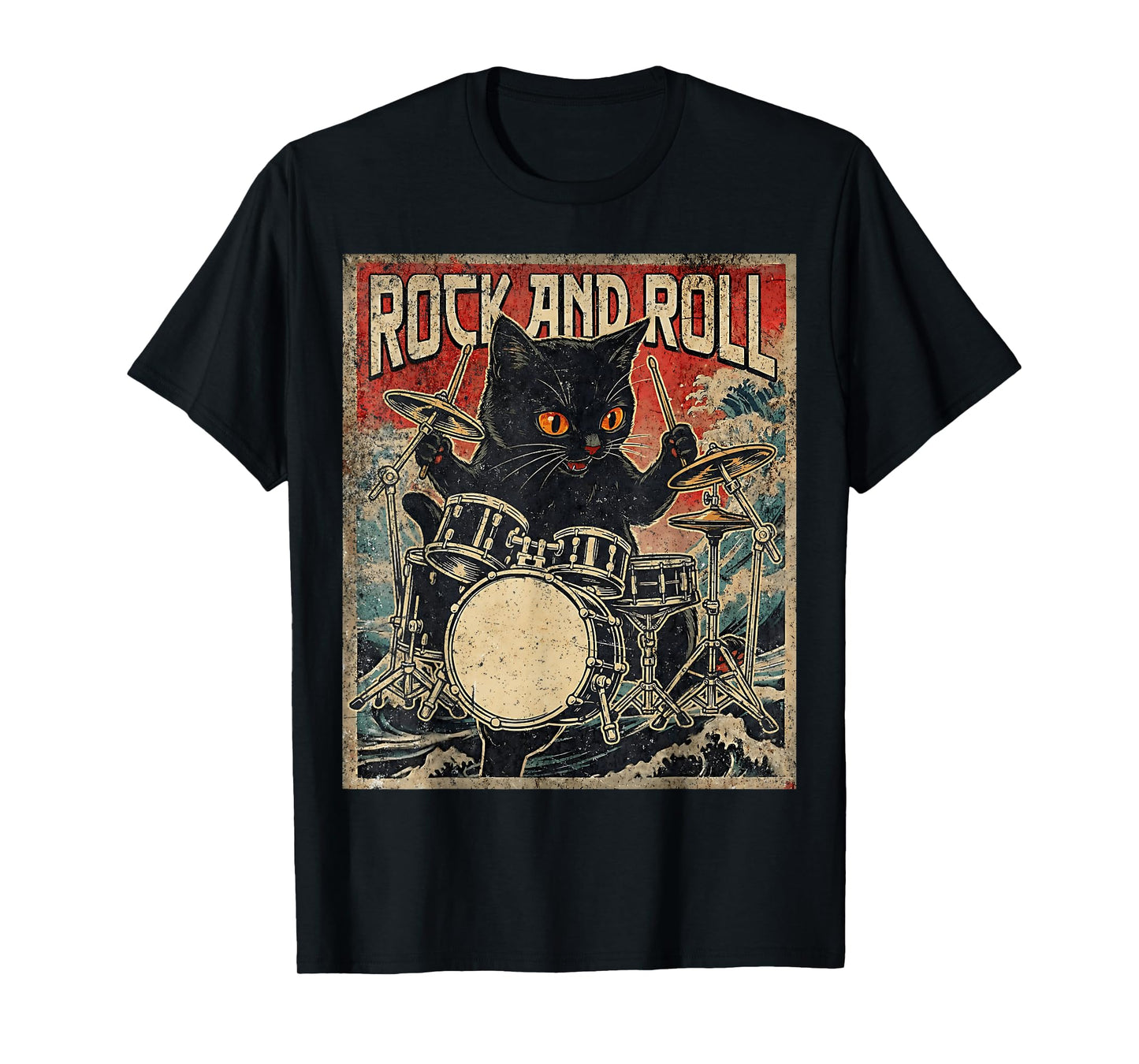 Cat Playing Drums Rock On Vintage Rock Drummer Cat T-Shirt
