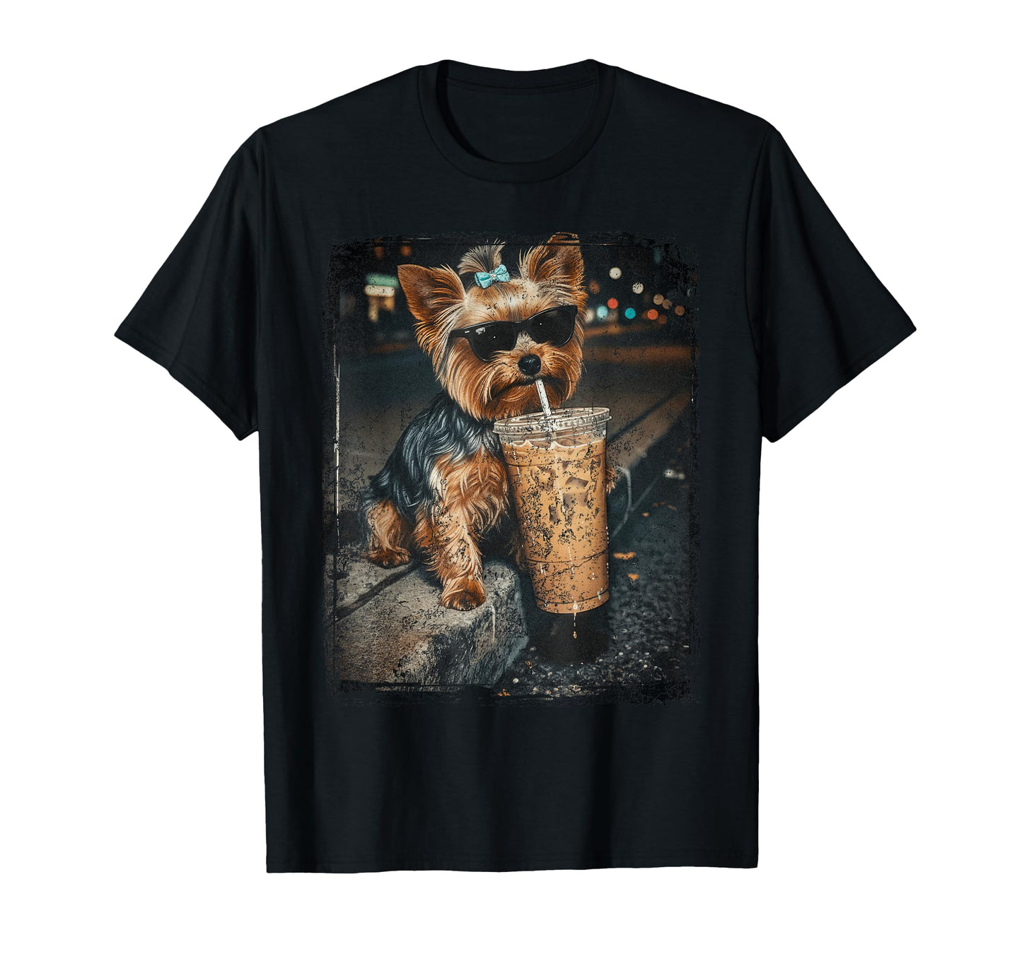 Yorkie Drinking Iced Coffee Funny Yorkshire Terrier Lover T-Shirt