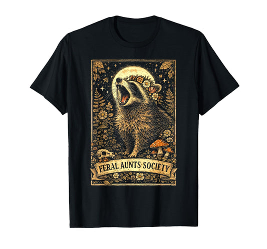 Feral Aunts Society Funny Raccoon Floral Vintage Graphic T-Shirt