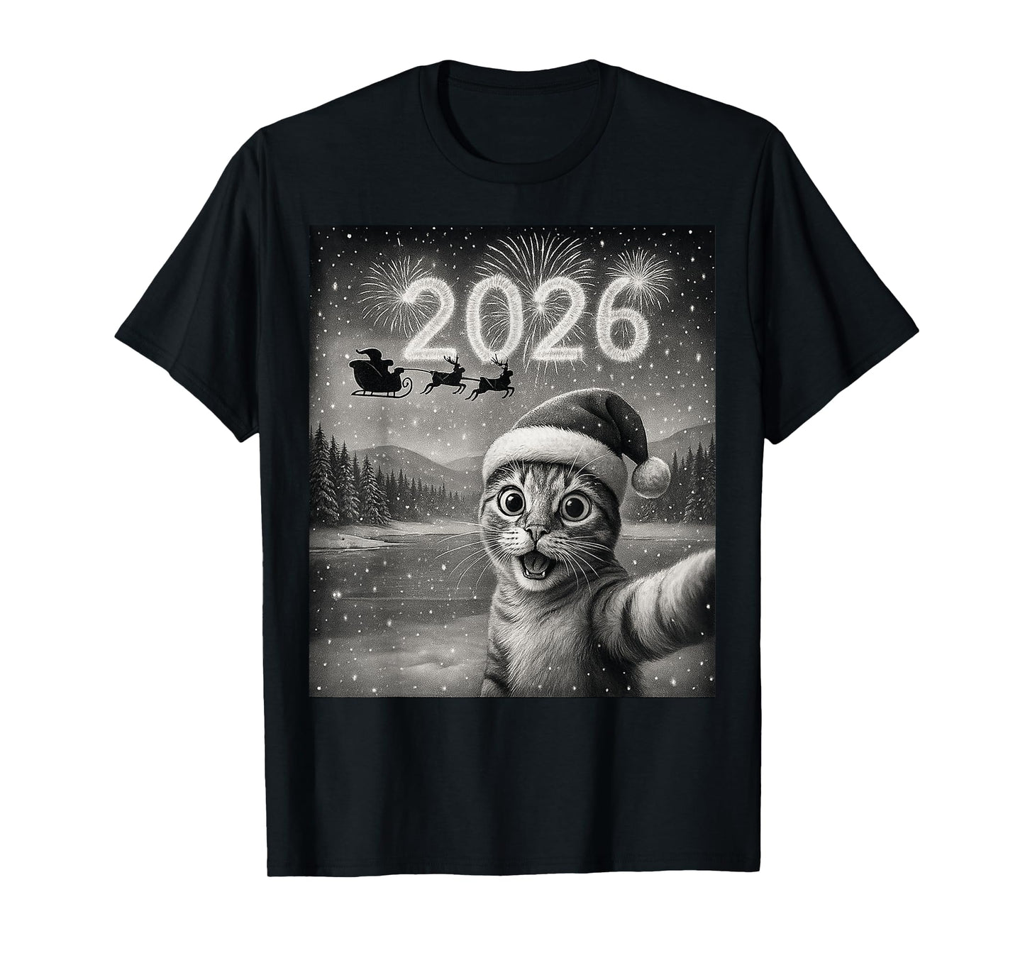 Cat Selfie with 2026 Funny Happy New Year T-Shirt
