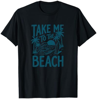 Take Me to The Beach Palm Tree Surf Sunset Retro Vacation T-Shirt - T-Shirt | Black