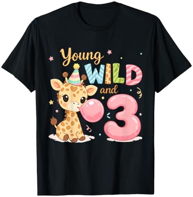Kids Kids 3rd Birthday Young Wild and Three 3 Year Old Giraffe T-Shirt - T-Shirt | Black