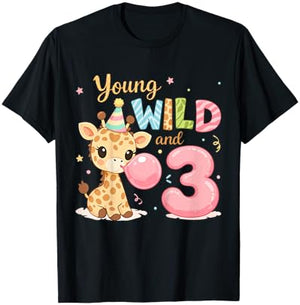 Kids Kids 3rd Birthday Young Wild and Three 3 Year Old Giraffe T-Shirt - T-Shirt | Black