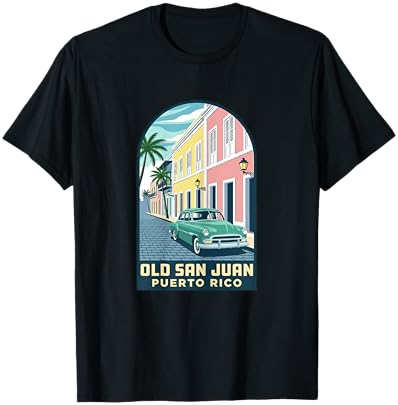 Old San Juan Puerto Rico Vintage Car Travel Poster Design T-Shirt - T-Shirt | Black