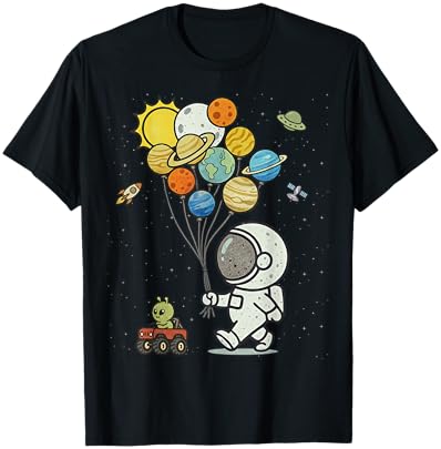 Astronaut Holding Planet Balloons Space T-Shirt - T-Shirt | Black