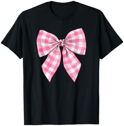 Pink and White Gingham Plaid Coquette Bow Trendy Retro Cute T-Shirt - T-Shirt | Black