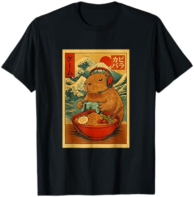 Capybara Gaming Ramen Japanese Ukiyo-e Great Wave Retro Art T-Shirt - T-Shirt | Black