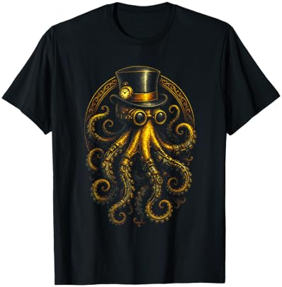 Steampunk Octopus - Retro Funky Gear Art T-Shirt - T-Shirt | Black